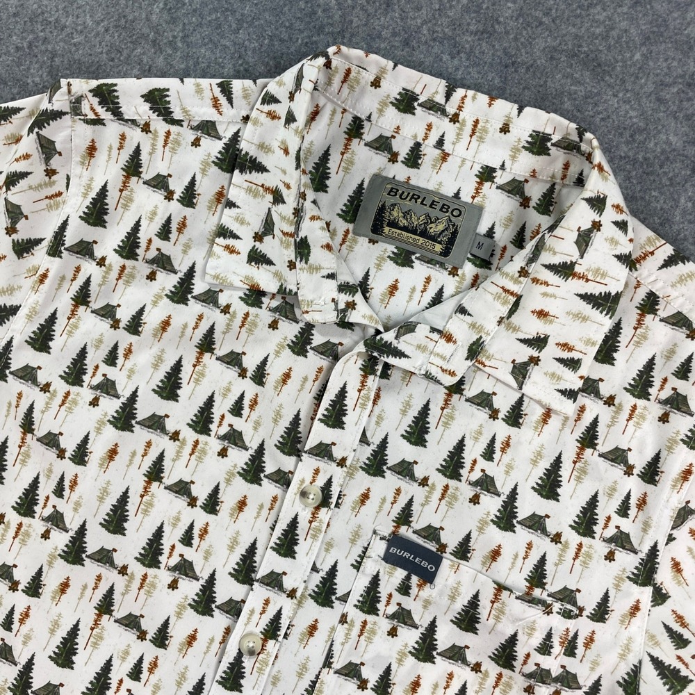 Burlebo Mens Button Down Shirt M White Nature Print Short Sleeve